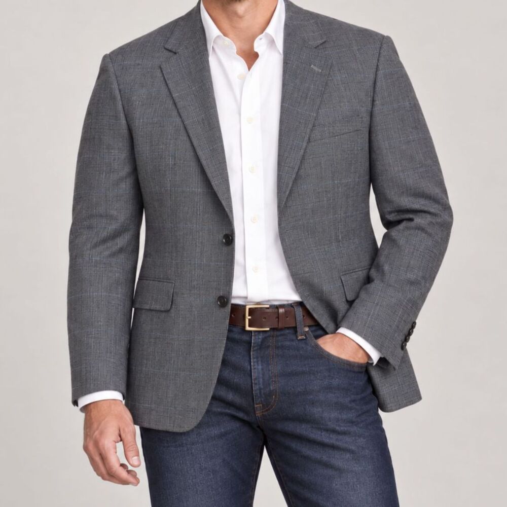 Mens Gray Plaid Blazer 44R Two Button Classic Sport Coat